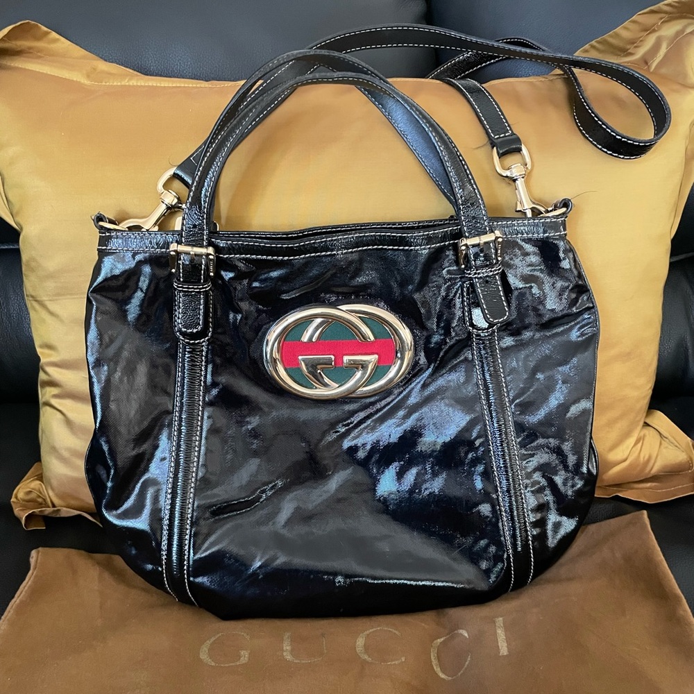 💯Auth GUCCI Tote/Crossbody Bag Shiny Leather Large Great Condition